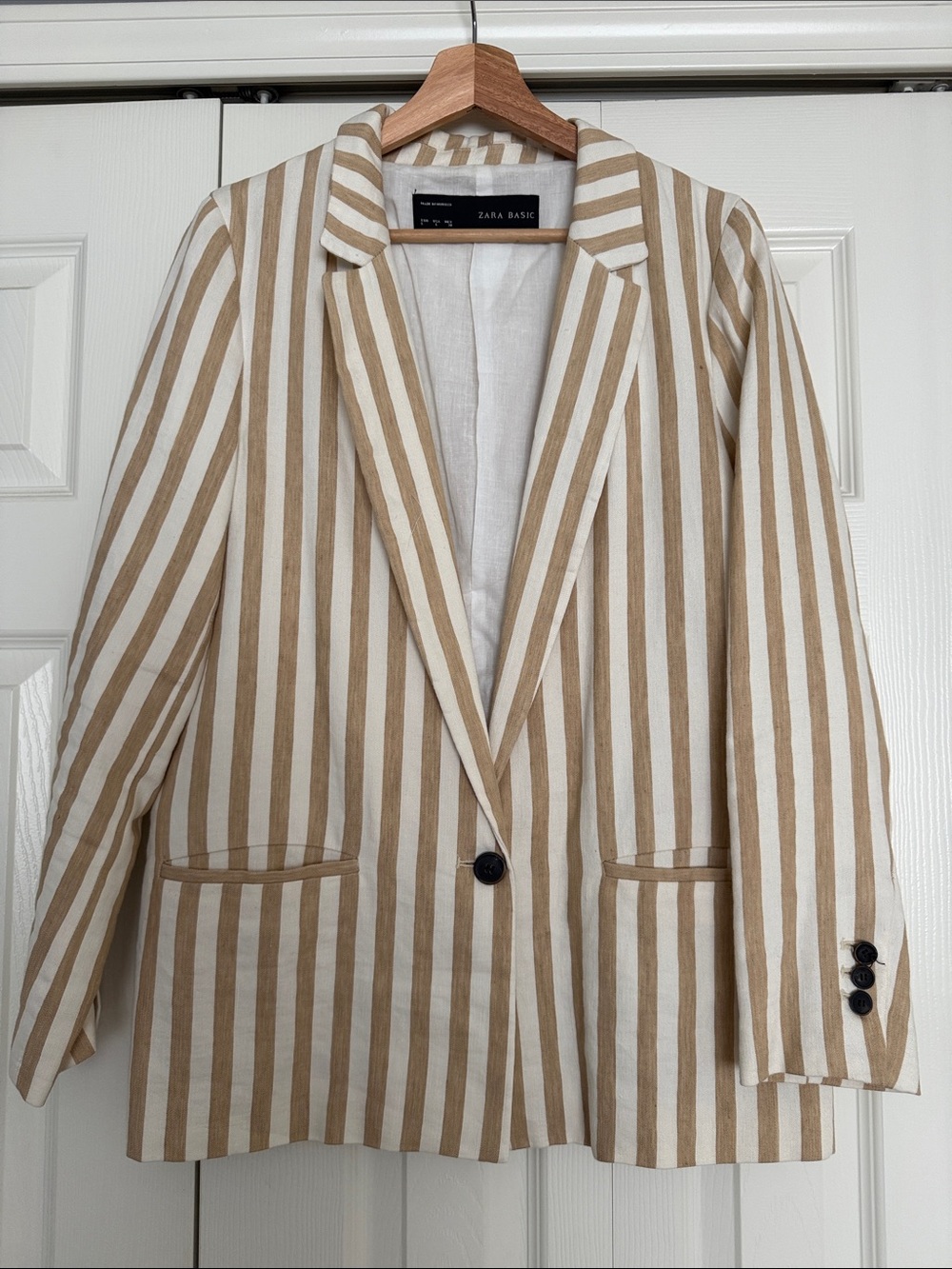 Zara Striped Cream and Tan Linen-Blend Blazer